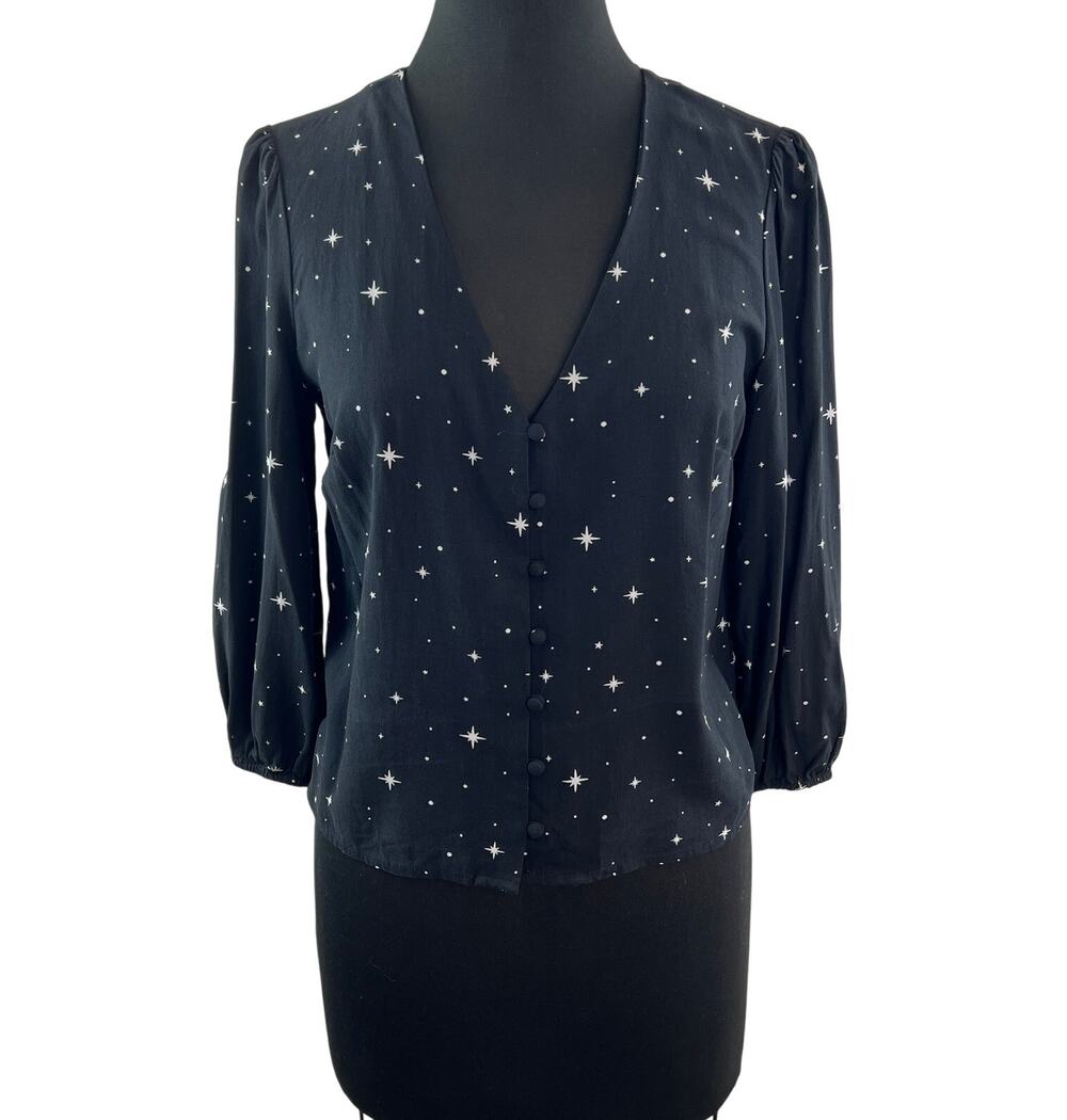 MARINE LAYER Stacy Black White Blouse Star Print V-Neck Button Front Sz S Small